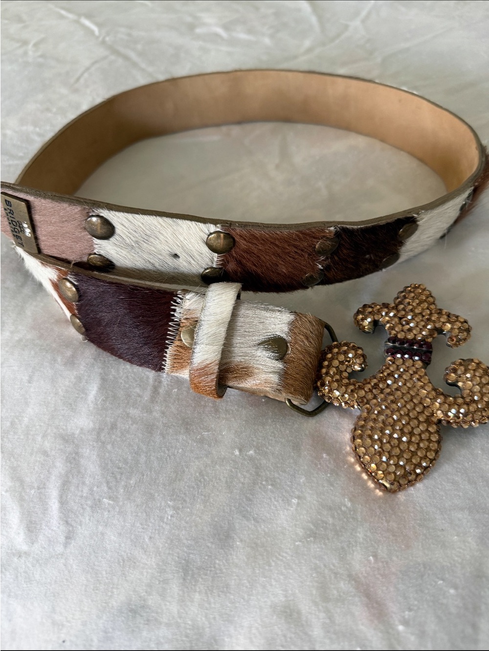 Bridle-Style Brown & White Cowhide Belt with Crystal Fleur-de-Lis Accent